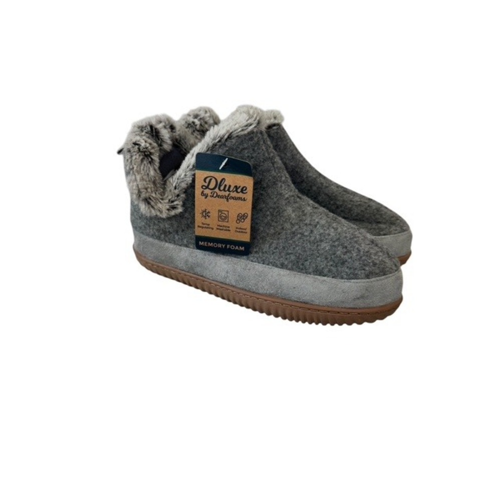 Dluxe by Dearfoams Grey Faux Fur Memory Foam Slippers Womens Small 5-6 NEW